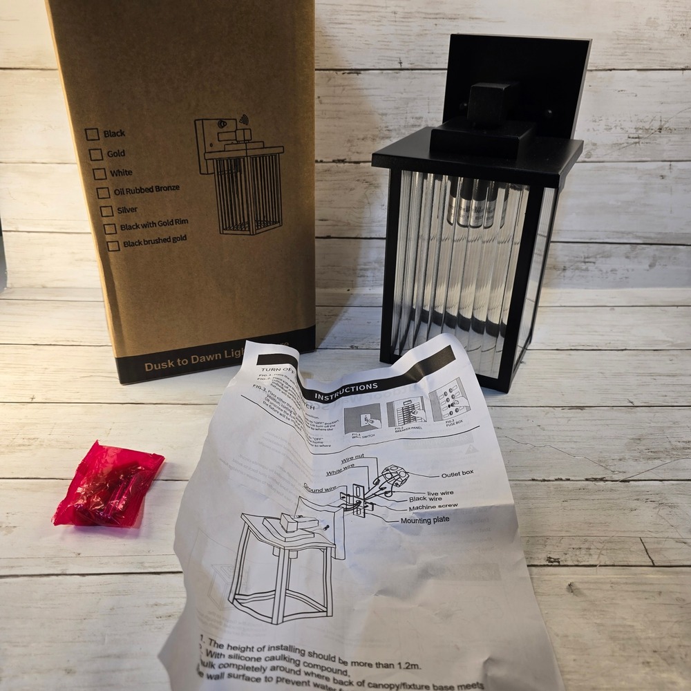 OPEN BOX Dusk to Dawn Outdoor Wall Lantern Matte Black Ribbed Glass Ext Fixture